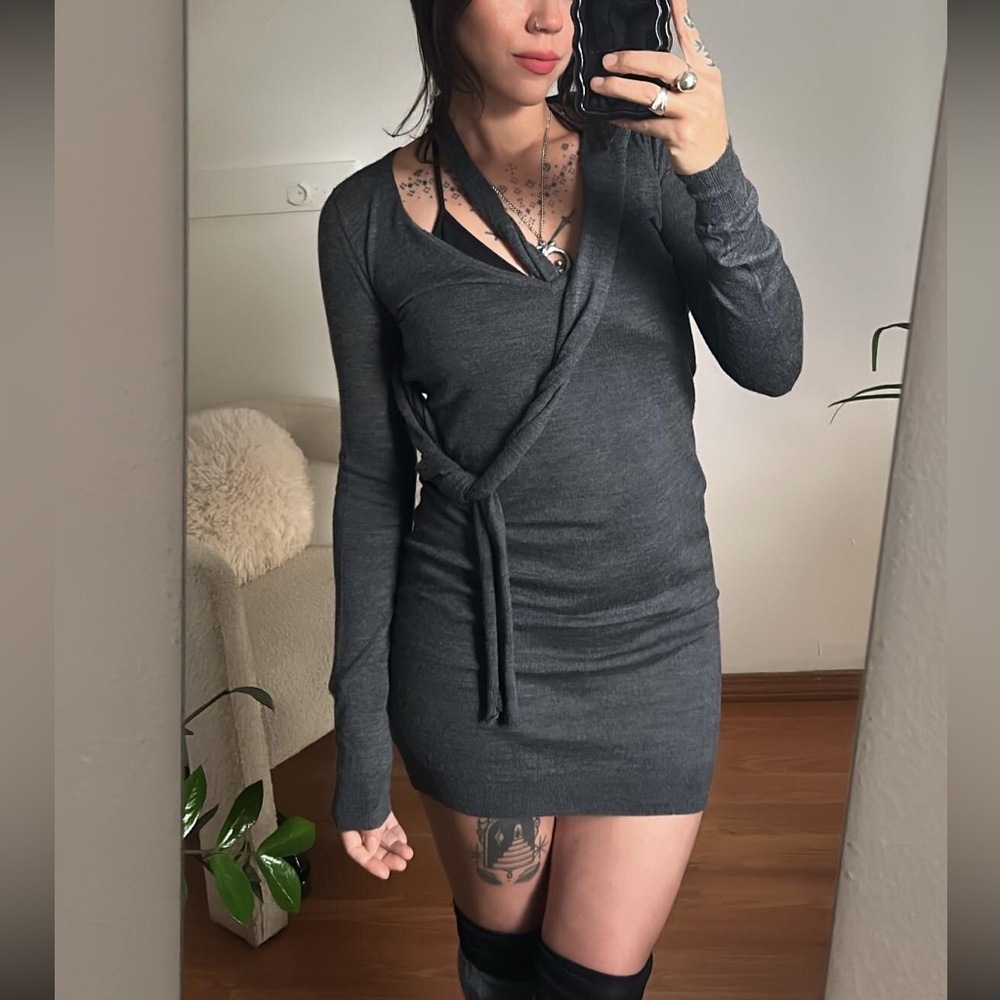 Pinko Gray Strappy Knit Sweater Dress Italian Vintage Bodycon - S